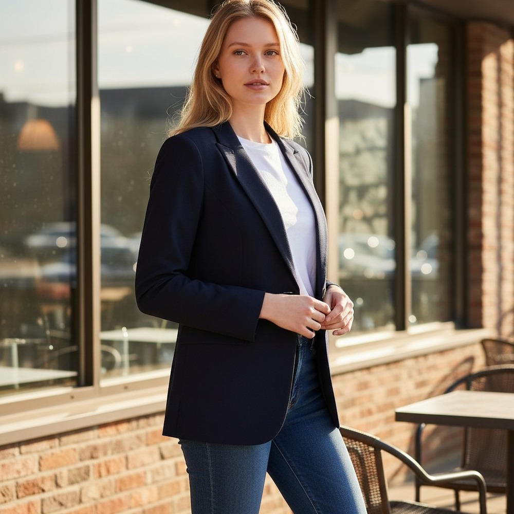 Emily Blazer Women 14W Navy Blue Single Button Professional Career Workwear